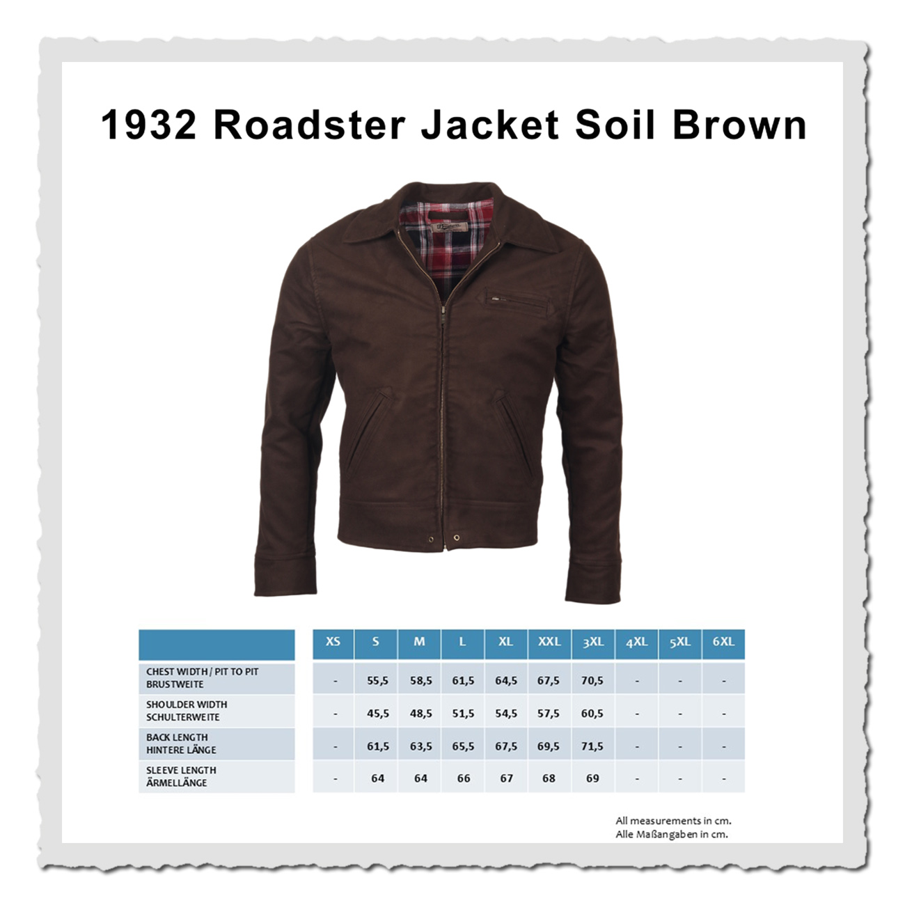 Pike Brothers 1932 Roadster Jacket Soil Brown – Masstabeller der braunen Moleskinjacke